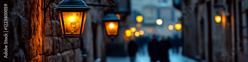 Wallpaper Mural Street lamps illuminate a narrow cobblestone alley as people walk in the background. Concept of evening urban ambiance. For urban lighting theme. Torontodigital.ca