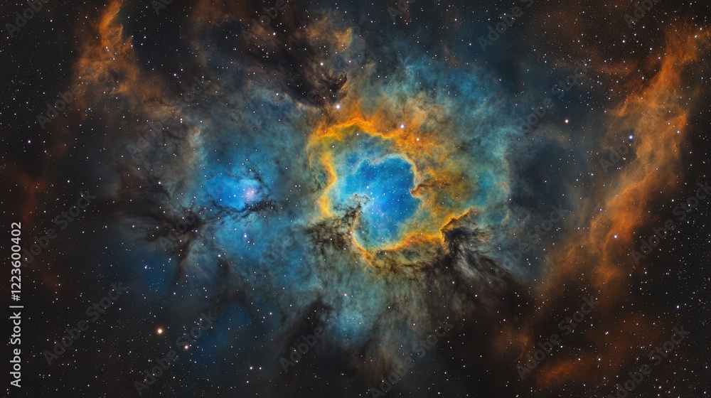 Fototapeta premium Vibrant blue and orange emission nebula in the starry cosmos