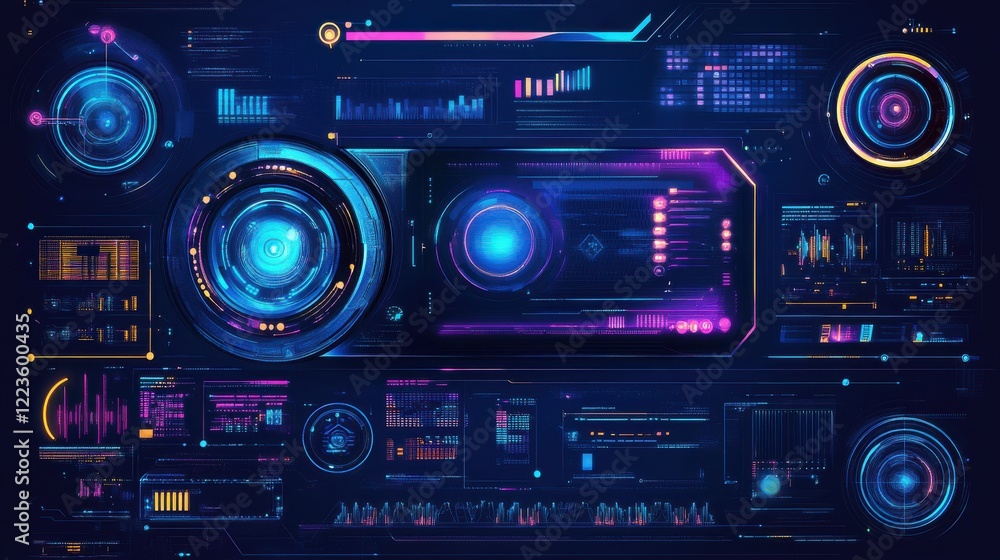 Futuristic digital interface with neon elements and data visualizations Futuristic digital interface with neon elements and data visualizations