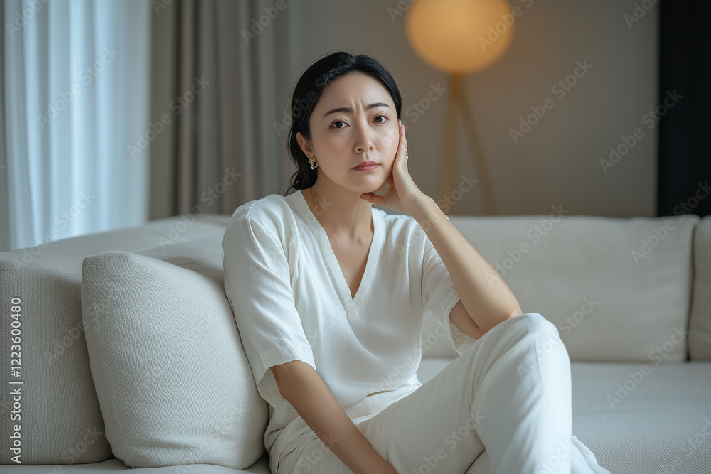 Sad Depressed Middle Age House Wife Sitting on Living Room Sofa Sad Depressed Middle Age House Wife Sitting on Living Room Sofa