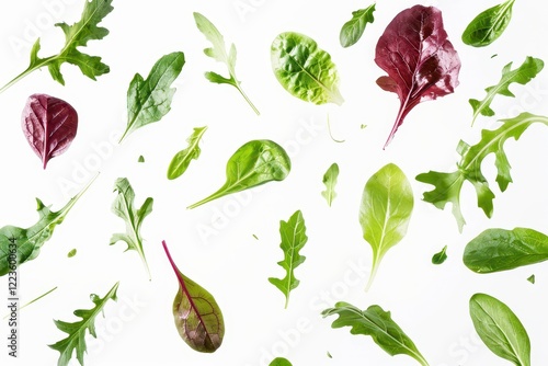 Various green salad leaves on white background Mix of arugula lettuce chard spinach and beet leaves