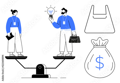 Man and woman standing on balanced scales, woman holding notebook, man holding idea lightbulb, briefcase bag and dollar sign object. Ideal for business, gender equality, finance, innovation