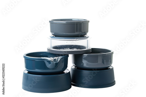 Stacked pet bowls in various shades of gray and blue create a modern aesthetic, showcasing a minimalist design perfect for contemporary homes isolated on transparent background photo