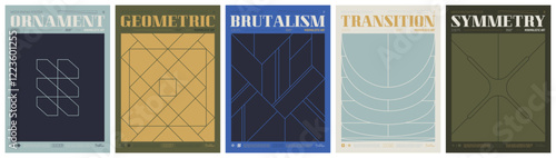 Line ornament vintage color trendy poster, abstract geometric composition graphic in Y2K aesthetics, vector simple shapes print artwork modernism and minimalistic brutal style A4 format set 2