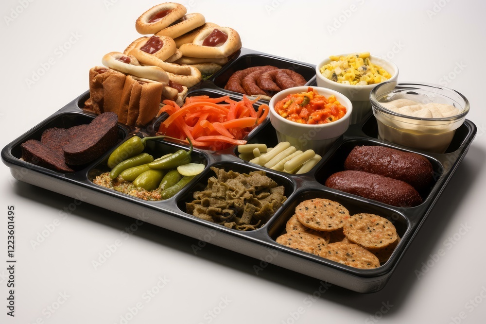 Divided tray presenting an assortment of vegan appetizers, including meatless sausages, dips, crackers, and vegetables, ideal for sharing Divided tray presenting an assortment of vegan appetizers, including meatless sausages, dips, crackers, and vegetables, ideal for sharing