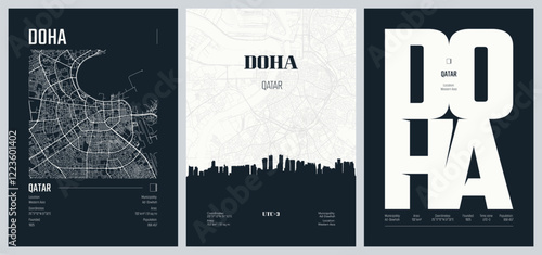 Set of travel posters with Doha, detailed urban street plan city map, Silhouette city skyline, vector artwork, set 2