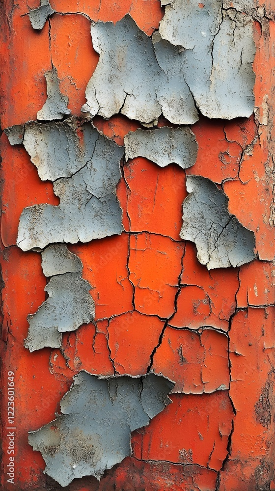 Obraz premium A background of weathered orange paint with deep, intricate cracks on a sunlit wall.