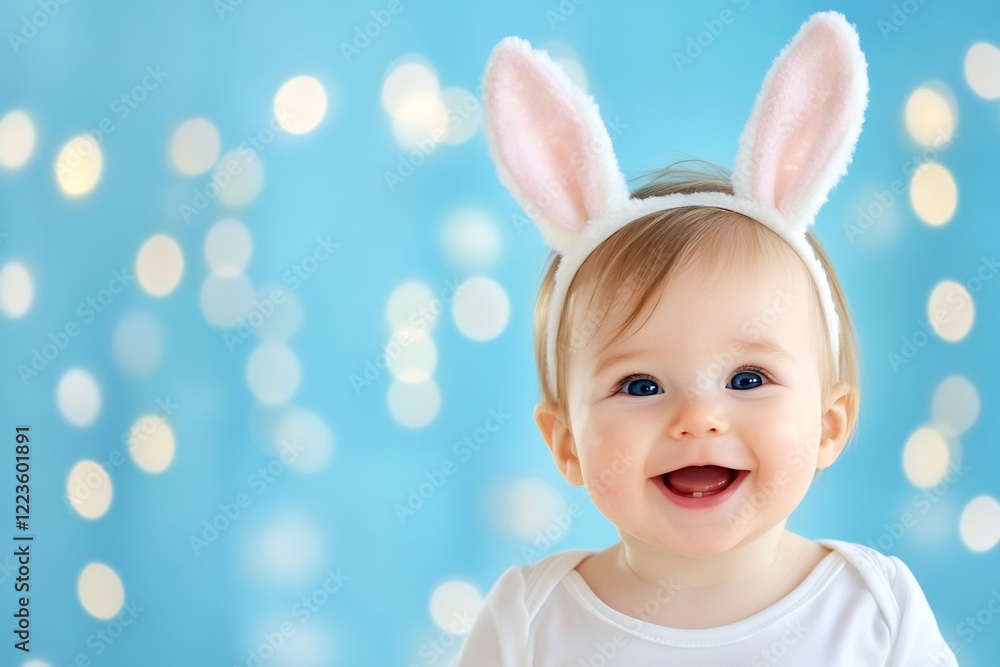 Happy baby bunny ears bokeh background holiday card Happy baby bunny ears bokeh background holiday card