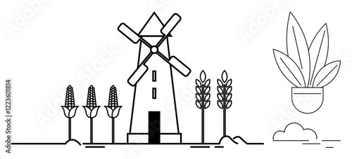 Windmill amid corn and wheat stalks beside a potted plant and a cloud. Ideal for agriculture, renewable energy, simplicity, sustainability, rural life, minimalism, organic farming. Abstract line flat