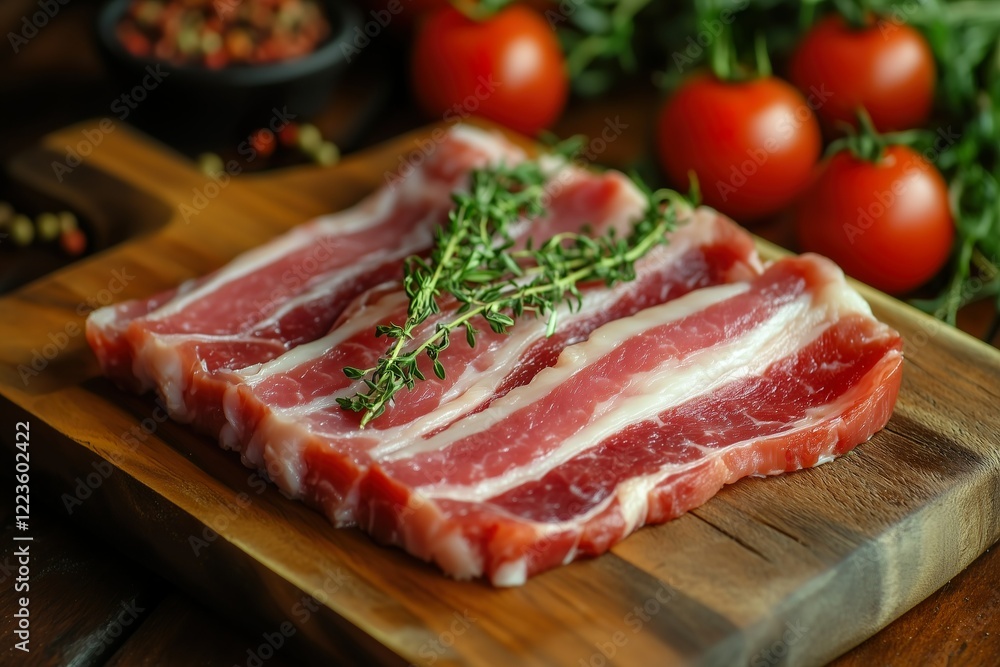 Fresh cut pork belly with herbs and vegetables on wooden board Fresh cut pork belly with herbs and vegetables on wooden board