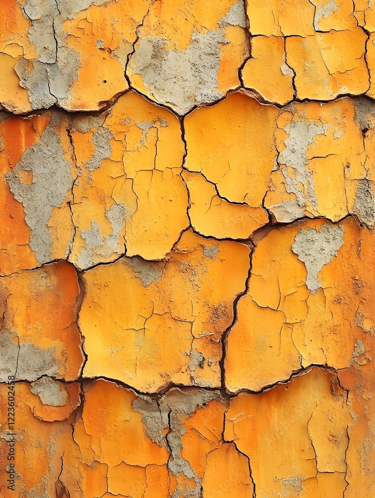 Obraz premium A background of weathered orange paint with deep, intricate cracks on a sunlit wall.