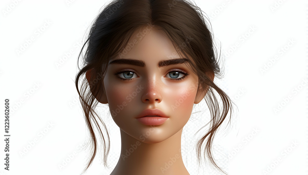 Fototapeta premium 3D illustration of a young woman with a sad expression, isolated on a transparent background.