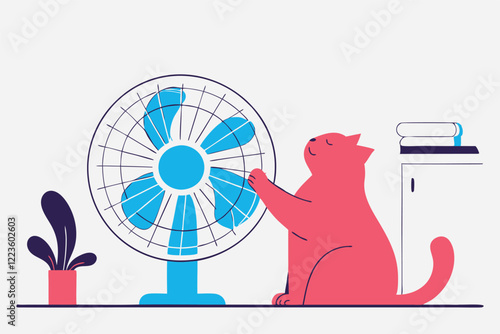 Vector illustration showcasing a playful cat amusing itself with a household fan