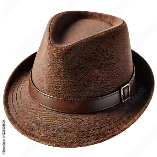 A brown trilby hat, WORN paired with a blazer for semi-formal events or concerts ISOLATED ON TRANSPAREEENT BACKGROUND