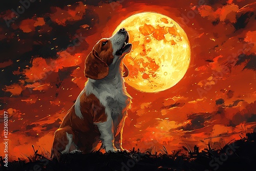 Artistic rendering a basset hound howling under a full moon, ears draped long photo