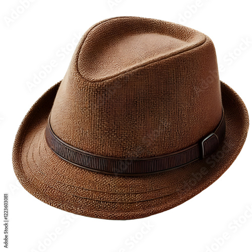 A brown trilby hat, WORN paired with a blazer for semi-formal events or concerts ISOLATED ON TRANSPAREEENT BACKGROUND