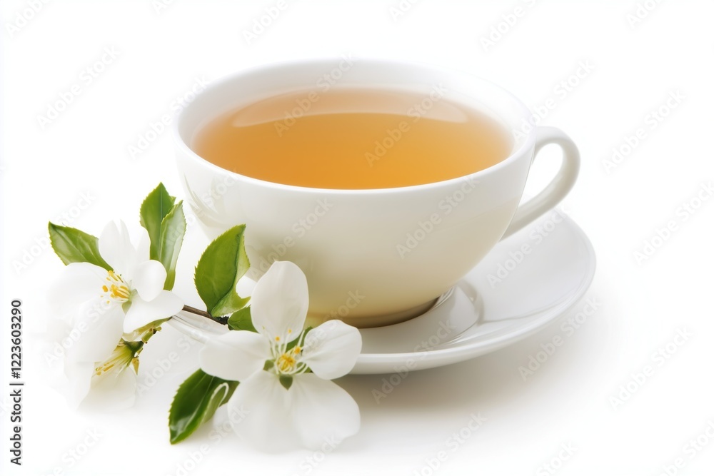 Exquisite tea served in a delicate white cup with flowers Exquisite tea served in a delicate white cup with flowers