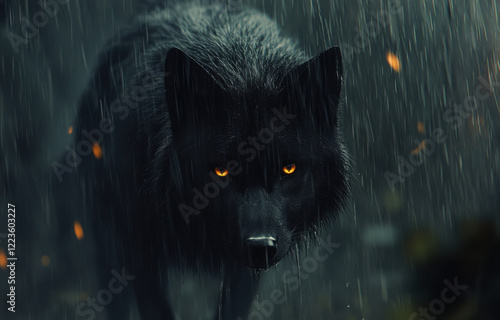 Black wolf with amber eyes stands in the rain, exuding strength and solitude in a misty forest setting photo