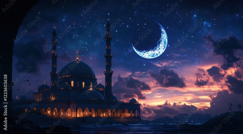 Obraz premium Majestic Mosque Under a Crescent Moon and Starry Night