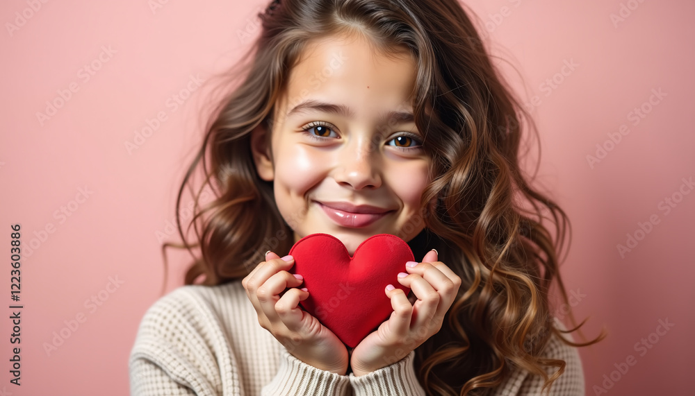 Smiling girl holding a red heart against a pink background Smiling girl holding a red heart against a pink background