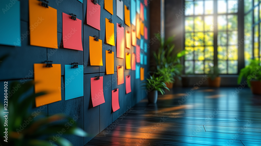 Naklejka premium Colorful Sticky Notes on Dark Wall in Modern Office with Sunligh
