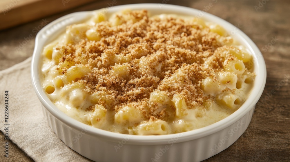 A classic macaroni and cheese with a crispy breadcrumb topping and a creamy cheese sauce, served in a simple white dish, Centered with a slightly angled view A classic macaroni and cheese with a crispy breadcrumb topping and a creamy cheese sauce, served in a simple white dish, Centered with a slightly angled view