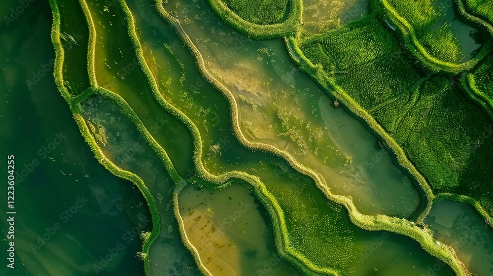 Obraz premium Aerial View of Terraced Rice Fields - Captivating Agricultural Landscape with Tiered Rice Paddies and Lush Greenery