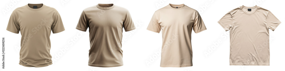 Blank beige t-shirt isolated on transparent background, PNG, Set of Blank beige t-shirt isolated on transparent background, PNG, Set of