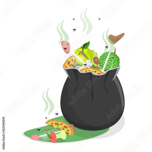 3D Isometric Flat Vector Set of Smelly Trash, Garbage Bags with Rotten Leftovers. Item 2