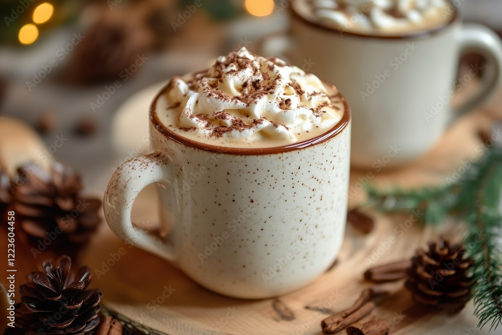 Warm mugs of creamy hot chocolate with whipped cream and spices Warm mugs of creamy hot chocolate with whipped cream and spices