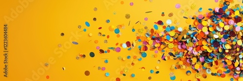 Colorful confetti and streamers floating in the air on a yellow background. The concept of a holiday, party, or special event. photo