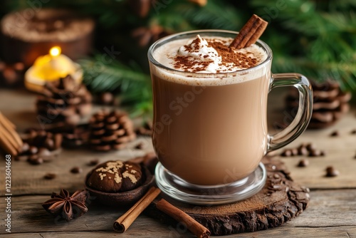 Cozy hot chocolate with spices and cookies on wooden table