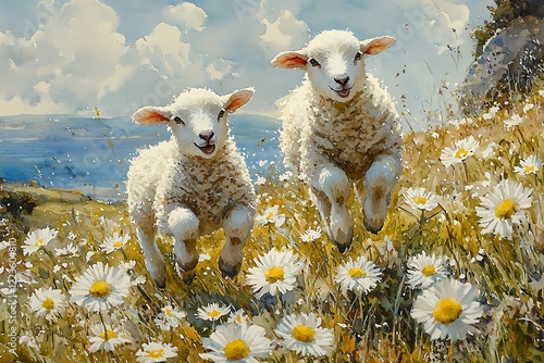 Artistic watercolor a pair frolicking lambs in a spring meadow, jumping over daisies