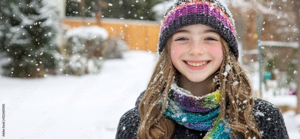 Girl smiles in snowy backyard. Winter fun Girl smiles in snowy backyard. Winter fun