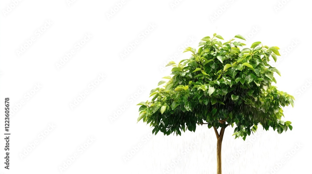 Obraz premium Green Leafy Tree on White Background with Raindrops Falling Down
