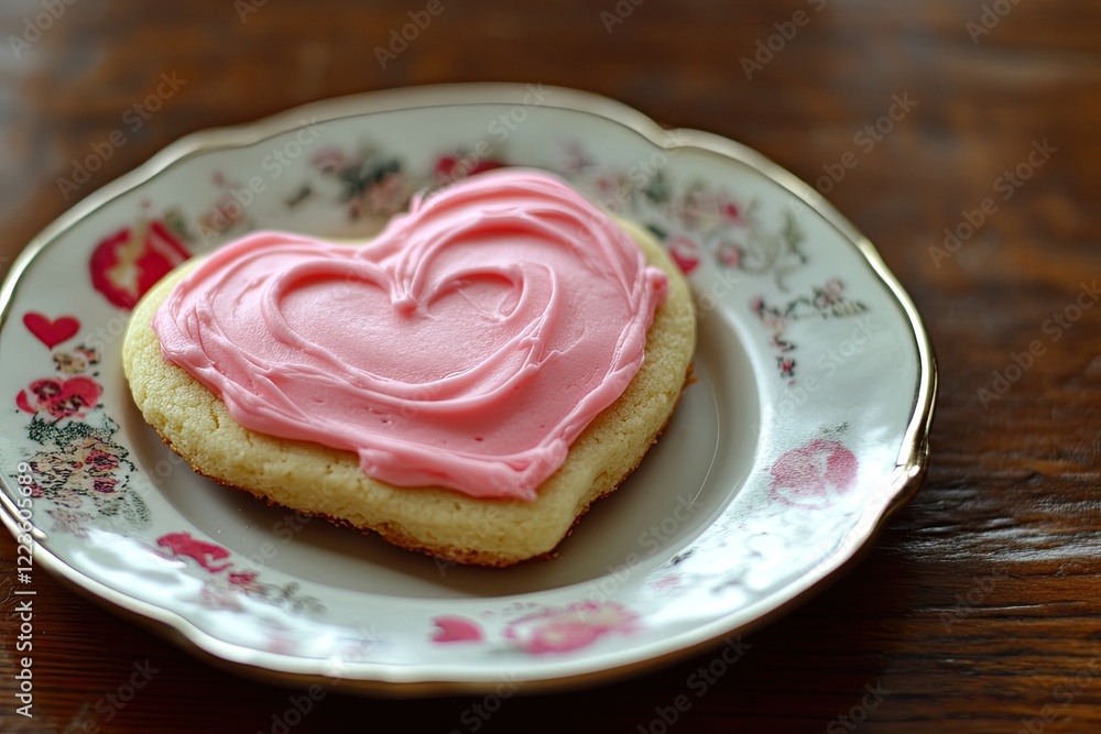 A heart - shaped sugar cookie with pink frosting for Valentine’s Day A heart - shaped sugar cookie with pink frosting for Valentine’s Day