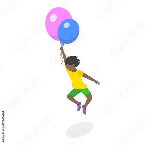 3D Isometric Flat Vector Illustration of Soaring in the Sky, Happy Children Flying High with Bright Balloons. Item 1
