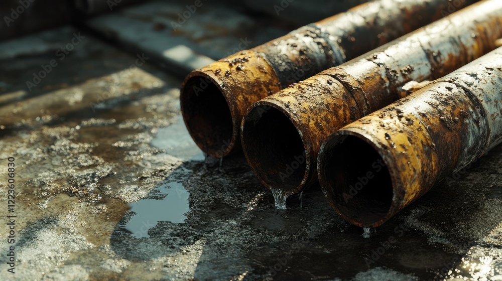 Rusty pipes with leaking water on wet concrete surface Rusty pipes with leaking water on wet concrete surface