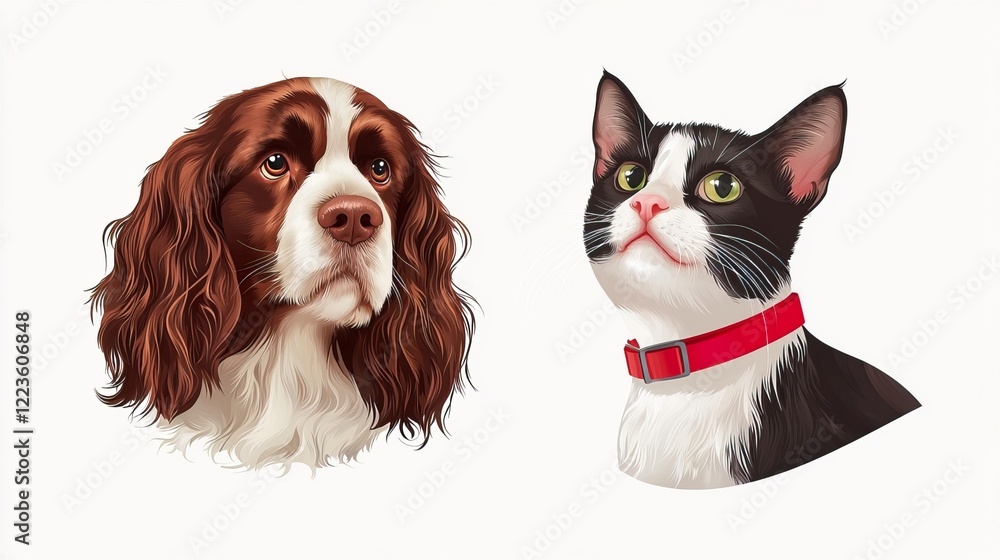 Cute Dog and Cat Head Illustrations with Stylish Pet Accessories Cute Dog and Cat Head Illustrations with Stylish Pet Accessories
