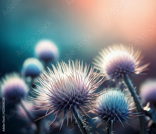 Beautiful purple thistle flower close-up arranged on gradient bokeh background. Bright colors. Thistle flower bloom. Copy space.  photo