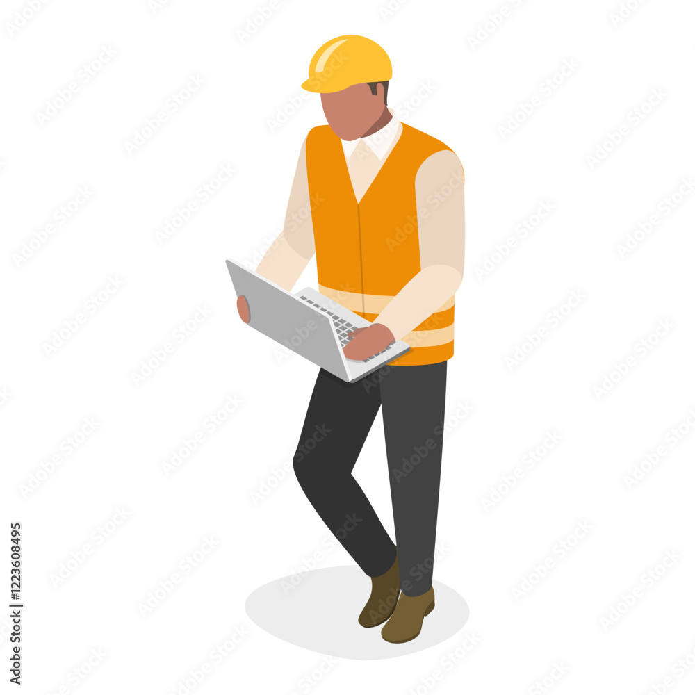 3D Isometric Flat Vector Illustration of Workers Construction Engineers, Construction Architects in Helmets with Tools and Blueprints.. Item 2 3D Isometric Flat Vector Illustration of Workers Construction Engineers, Construction Architects in Helmets with Tools and Blueprints.. Item 2