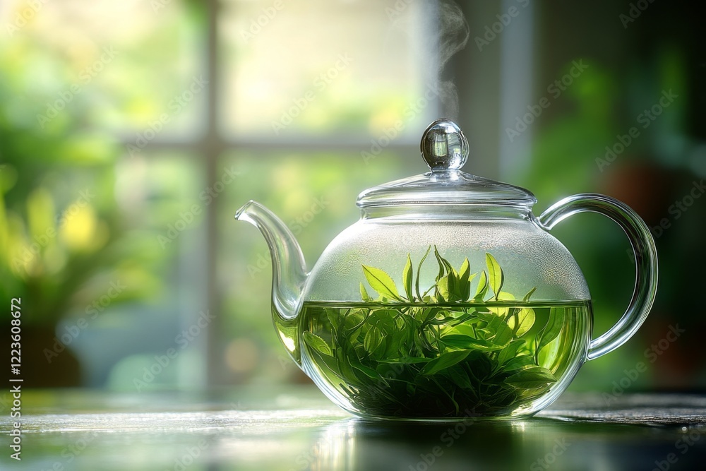 Green tea brewing in a glass teapot with steam Green tea brewing in a glass teapot with steam