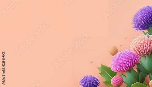 Beautiful colorful thistle flower close-up arranged on orange background. Bright colors, cartoon style. Thistle flower bloom. Copy space. Flat lay.