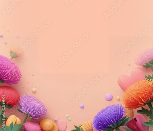 Beautiful colorful thistle flower close-up arranged on orange background. Bright colors, cartoon style. Thistle flower bloom. Copy space. Flat lay.
