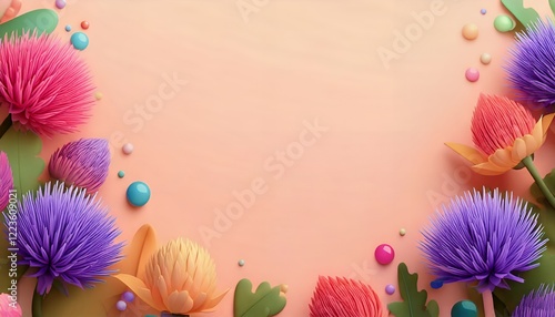 Beautiful colorful thistle flower close-up arranged on orange background. Bright colors, cartoon style. Thistle flower bloom. Copy space. Flat lay.