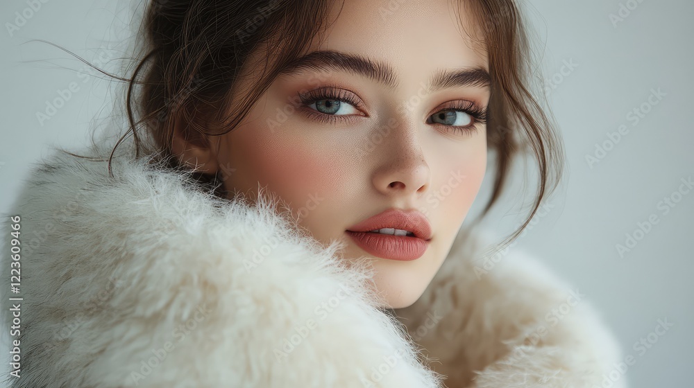 Stunning Fashion Photo Shoot of a Beautiful Woman in a White Fur Coat with Elegant Makeup Stunning Fashion Photo Shoot of a Beautiful Woman in a White Fur Coat with Elegant Makeup