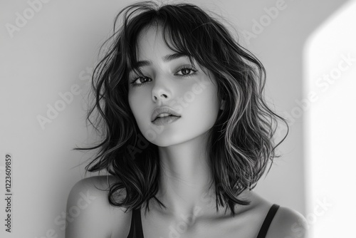 Grayscale portrait of a woman with wavy hair