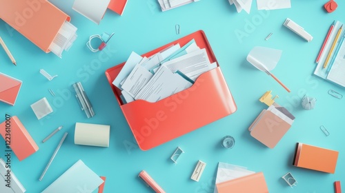 Organized office desk with red file holder and papers on blue surface