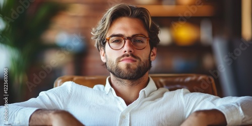 Confident man sitting in a cafe with blurred background