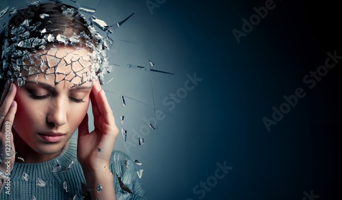 Young beautiful woman with closed eyes and hands on head suffering from migraine. Strong headache from stress at work. Overworked, exhausted. Feeling of exploding into pieces. Pain management concept